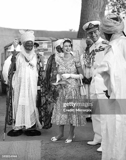 Queen Elizabeth II and Prince Philip meet the Emir of Kano during the Royal visit to Nigeria 16 February 1956