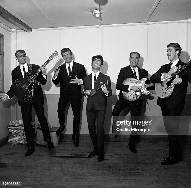 Manchester pop group Freddie and the Dreamers backstage at the Britannia Theatre on Britannia Pier in Great Yarmouth, Norfolk. The group consists of...