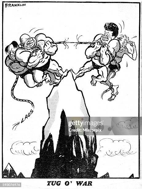 Franklin cartoon 27th March 1961 Tug O' War depicts strongmen Chairman Mao and Nikita Khrushchev having a tug of war with President Kennedy and...