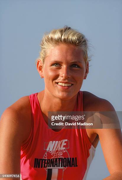 Katrin Krabbe of Germany participates in a photo session while training during June 1991 near San Diego, California.