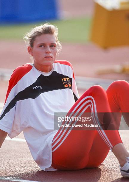 Katrin Krabbe of Germany waits to compete in the 1991 IAAF World Championships during August 1991 at the National Olympic Stadium in Tokyo, Japan.