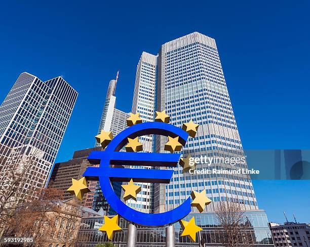 euro symbol at european central bank - central bank stock pictures, royalty-free photos & images