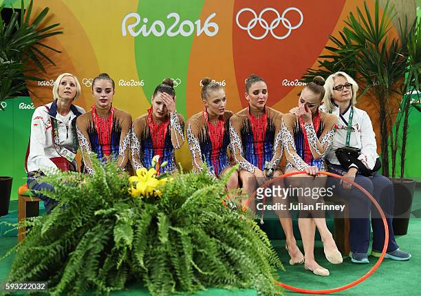 Hanna Dudzenkova, Maria Kadobina, Maryia Katsiak, Valeriya Pischelina and Arina Tsitsilina of Belarus react after placing fifth in the Group...