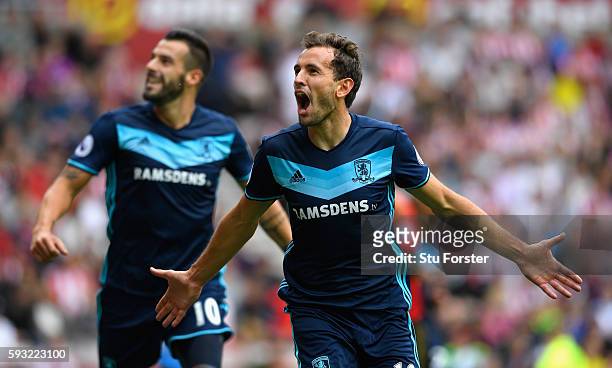 Middlesbrough player Christian Stuani celebrates after scoring the opening goal during the Premier League match between Sunderland and Middlesbrough...