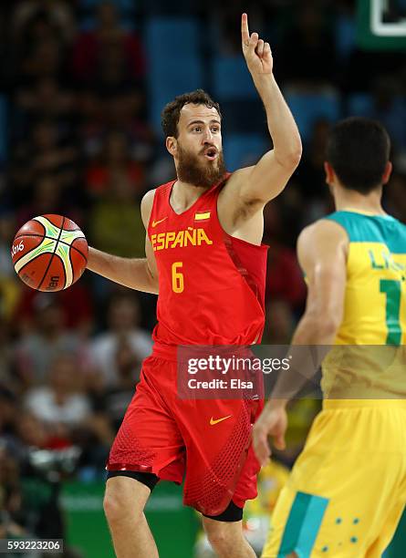 Sergio Rodriguez of Spain drives to the basket during the Men's Basketball Bronze medal game between Australia and Spain on Day 16 of the Rio 2016...