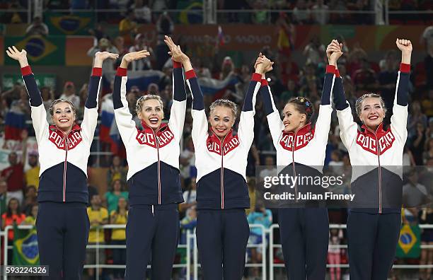 Gold medalists Vera Biriukova, Anastasia Bliznyuk, Anastasiia Maksimova, Anastasiia Tatareva and Maria Tolkacheva of Russia celebrate during the...