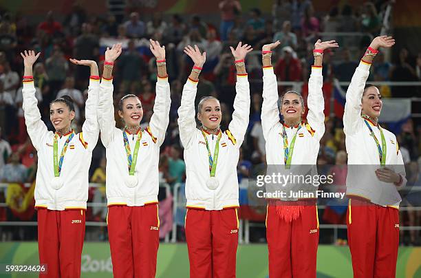 Silver medalists Sandra Aguilar, Artemi Gavezou, Elena Lopez, Lourdes Mohedano and Alejandra Quereda of Spain celebrate during the medal ceremony...