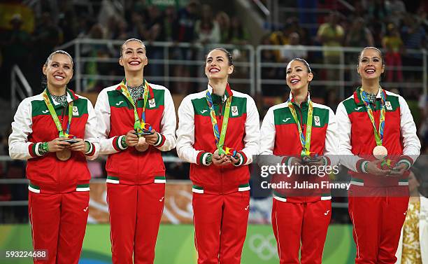 Bronze medalists Reneta Kamberova, Lyubomira Kazanova, Mihaela Maevska, Tsvetelina Naydenova and Hristiana Todorova of Bulgaria celebrate during the...