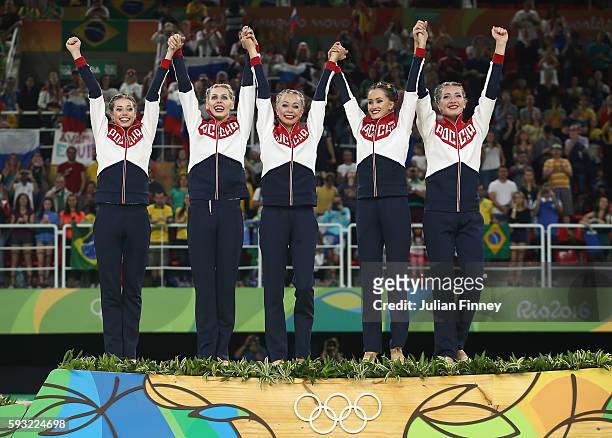 Gold medalists Vera Biriukova, Anastasia Bliznyuk, Anastasiia Maksimova, Anastasiia Tatareva and Maria Tolkacheva of Russia celebrate during the...