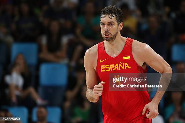 Pau Gasol of Spain celebrates during the Men's Basketball Bronze medal game between Australia and Spain on Day 16 of the Rio 2016 Olympic Games at...