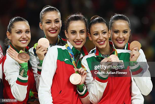 Bronze medalists Reneta Kamberova, Lyubomira Kazanova, Mihaela Maevska, Tsvetelina Naydenova and Hristiana Todorova of Bulgaria celebrate during the...