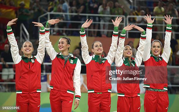 Bronze medalists Reneta Kamberova, Lyubomira Kazanova, Mihaela Maevska, Tsvetelina Naydenova and Hristiana Todorova of Bulgaria celebrate during the...