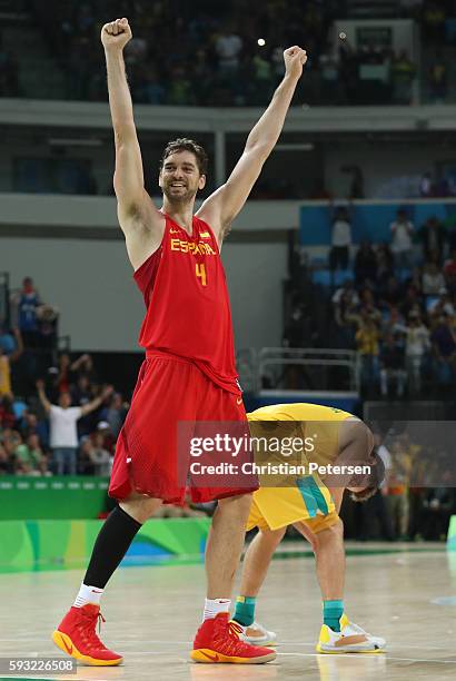Pau Gasol of Spain celebrates winning the Men's Basketball Bronze medal game between Australia and Spain on Day 16 of the Rio 2016 Olympic Games at...