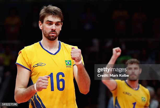Lucas Saatkamp of Brazil celebrates during the Men's Gold Medal Match between Italy and Brazil on Day 16 of the Rio 2016 Olympic Games at...