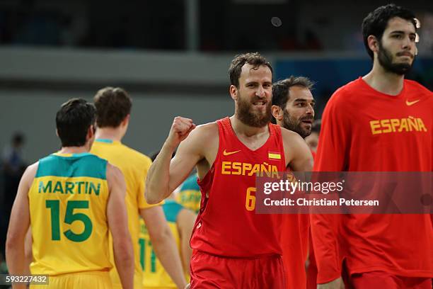 Sergio Rodriguez of Spain celebrates winning the Men's Basketball Bronze medal game between Australia and Spain on Day 16 of the Rio 2016 Olympic...