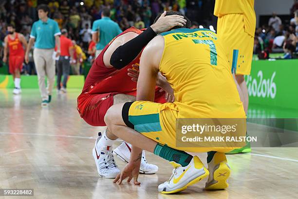 Australia's small forward Joe Ingles reacts after losing a Men's Bronze medal basketball match between Australia and Spain at the Carioca Arena 1 in...