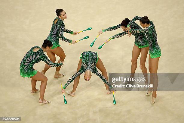 Reneta Kamberova, Lyubomira Kazanova, Mihaela Maevska, Tsvetelina Naydenova and Hristiana Todorova of Bulgaria compete during the Group All-Around...