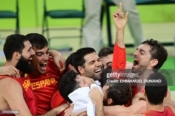 Spain's power forward Nikola Mirotic, Spain's centre Willy Hernangomez , Spain's power forward Felipe Reyes , Spain's centre Pau Gasol and Spain's...