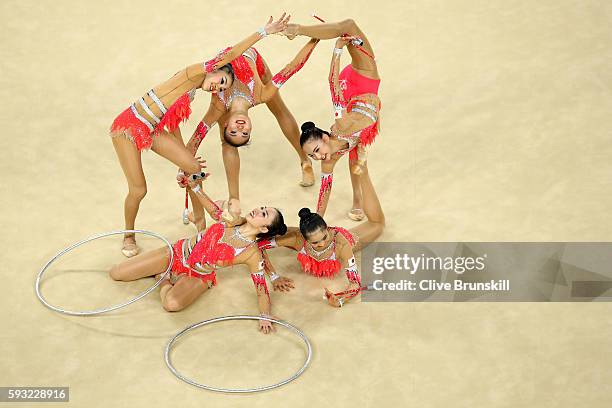 Airi Hatakeyama, Rie Matsubara, Sakura Noshitani, Sayuri Sugimoto and Kiko Yokota of Japan compete during the Group All-Around Final on Day 16 of the...