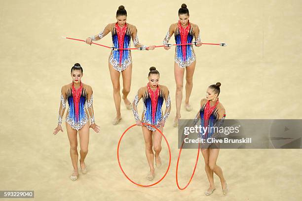 Hanna Dudzenkova, Maria Kadobina, Maryia Katsiak, Valeriya Pischelina and Arina Tsitsilina of Belarus compete during the Group All-Around Final on...