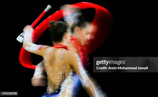 Hanna Dudzenkova, Maria Kadobina, Maryia Katsiak, Valeriya Pischelina and Arina Tsitsilina of Belarus during on Day 16 of the Rio 2016 Olympic Games...