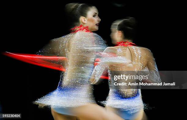 Hanna Dudzenkova, Maria Kadobina, Maryia Katsiak, Valeriya Pischelina and Arina Tsitsilina of Belarus during on Day 16 of the Rio 2016 Olympic Games...