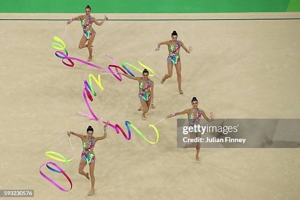 Sandra Aguilar, Artemi Gavezou, Elena Lopez, Lourdes Mohedano and Alejandra Quereda of Spain compete during the Group All-Around Final on Day 16 of...