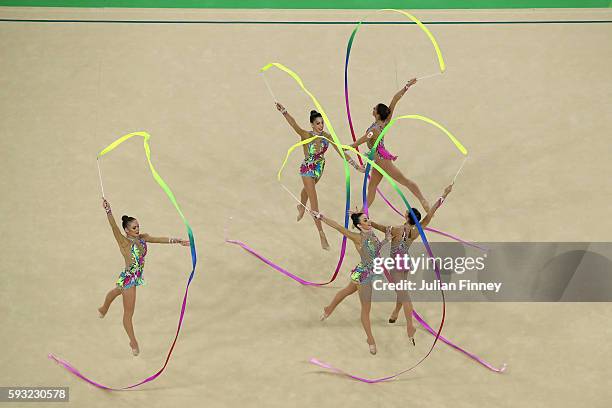 Sandra Aguilar, Artemi Gavezou, Elena Lopez, Lourdes Mohedano and Alejandra Quereda of Spain compete during the Group All-Around Final on Day 16 of...