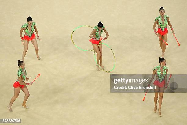 Sandra Aguilar, Artemi Gavezou, Elena Lopez, Lourdes Mohedano and Alejandra Quereda of Spain compete during the Group All-Around Final on Day 16 of...