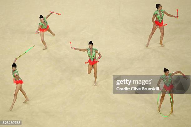 Sandra Aguilar, Artemi Gavezou, Elena Lopez, Lourdes Mohedano and Alejandra Quereda of Spain compete during the Group All-Around Final on Day 16 of...