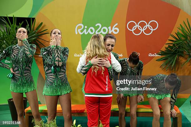 Reneta Kamberova, Lyubomira Kazanova, Mihaela Maevska, Tsvetelina Naydenova and Hristiana Todorova of Bulgaria react after winning bronze during the...