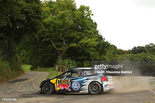 Sebastien Ogier of France and Julien Ingrassia of France compete in their Volkswagen Motorport WRT Volkswagen Polo R WRC during Day Three of the WRC...