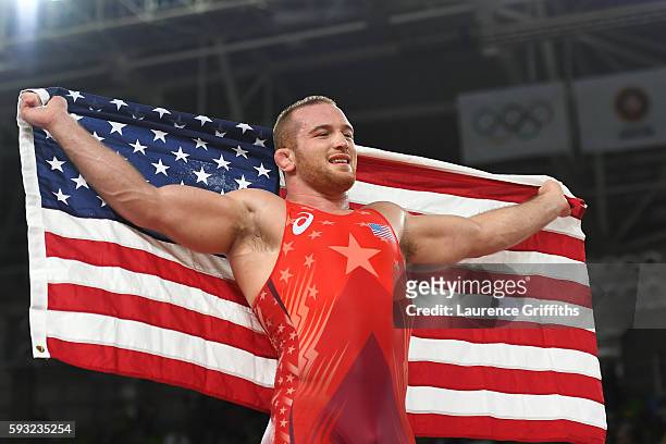 Kyle Frederick Snyder of the United States celebrates after winning gold over Khetag Goziumov of Azerbaijan during the Men's Freestyle 97kg Gold...
