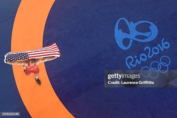Kyle Frederick Snyder of the United States celebrates after winning gold over Khetag Goziumov of Azerbaijan in the Men's Freestyle 97kg on Day 16 of...