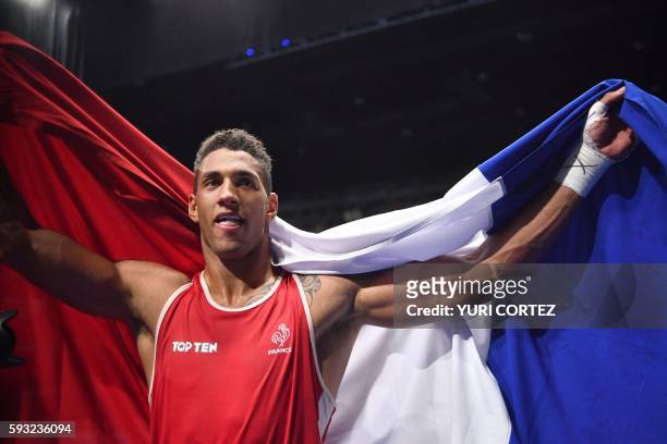 France's Tony Victor James Yoka reacts after winning against Great Britain's Joe Joyce during the Men's Super Heavy Final Bout at the Rio 2016...
