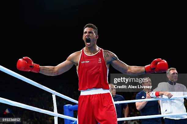 Tony Victor James Yoka of France celebrates victory over Joe Joyce of Great Britain in the Men's Super Heavy Final Bout on Day 16 of the Rio 2016...