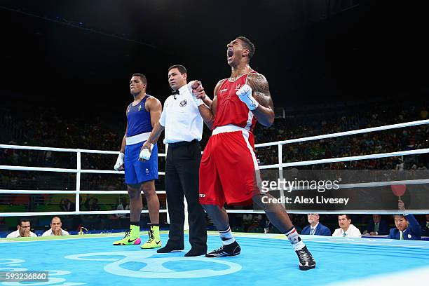 Tony Victor James Yoka of France celebrates victory over Joe Joyce of Great Britain in the Men's Super Heavy Final Bout on Day 16 of the Rio 2016...