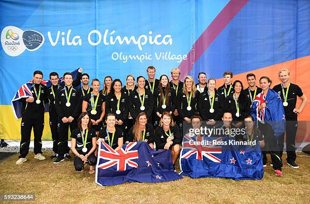Team New Zealand medal winners pose for a photo during a press conference on Day 16 of the 2016 Rio Olympics Games on August 21, 2016 in Rio de...