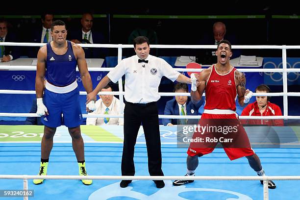 Tony Victor James Yoka of France celebrates victory over Joe Joyce of Great Britain in the Men's Super Heavy Final Bout on Day 16 of the Rio 2016...