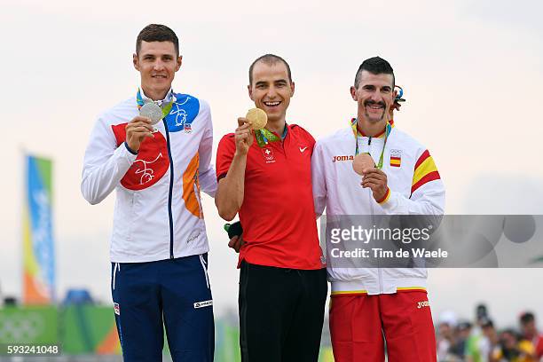 31st Rio 2016 Olympics / Cycling: Men's Cross-country Podium / Jaroslav KULHAVY Silver Medal / Nino SCHURTER Gold Medal / Carlos COLOMA NICOLAS...