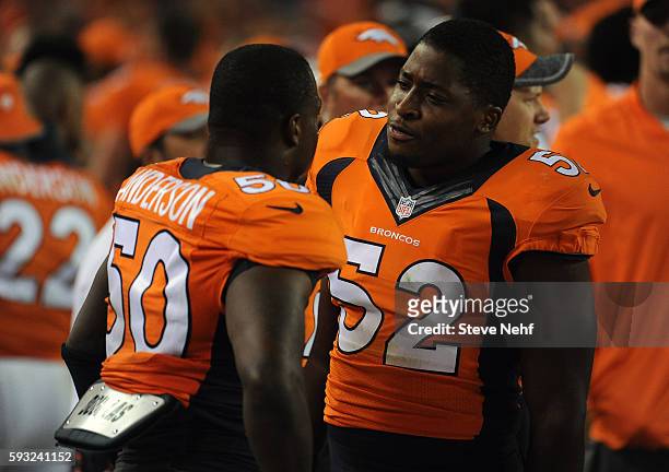 Denver Broncos linebackers Zaire Anderson and Corey Nelson on the sideline of preseason game against the San Francisco 49ers at Sports Authority...
