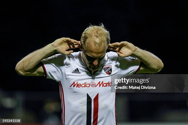 Tobias Levels of Ingolstadt celebrates after decisive penalty during the DFB Cup match between Erzgebirge Aue and FC Ingolstadt at...