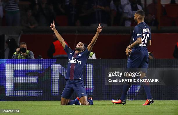 Paris Saint-Germain's Brazilian midfielder Lucas Moura celebrates after scoring a goal during the French L1 football match PSG vs Metz on August 21...