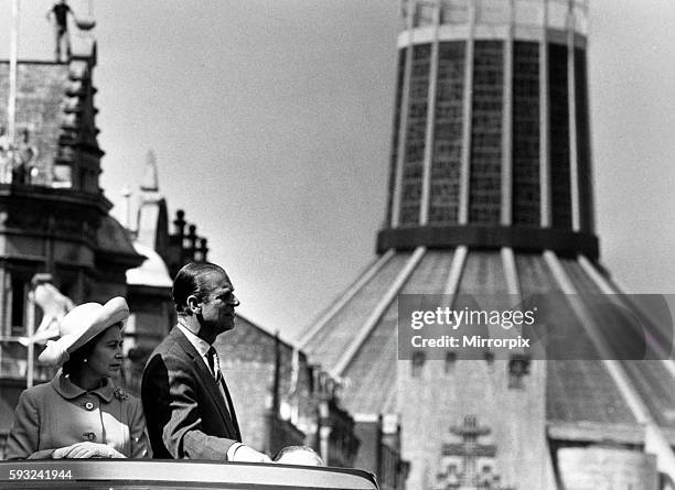 Queen Elizabeth II and Prince Philip visit the Liverpool Metropolitan Cathedral. Liverpool, 22nd June 1977.
