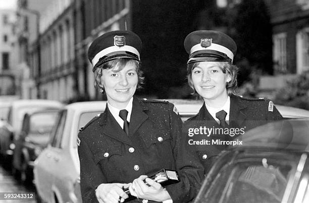 Mrs. Edwina Roberts and sister Mrs. Louise Lancefield both traffic wardens in Chelsea. January 1975 75-0036-004