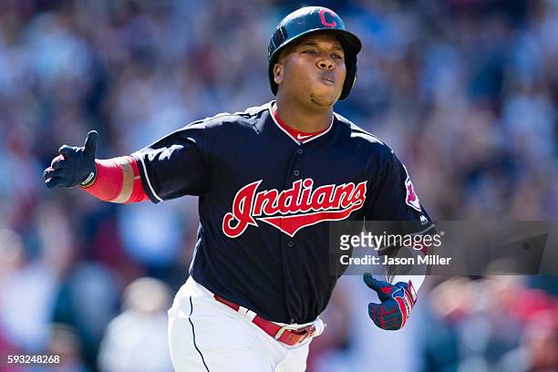 Jose Ramirez of the Cleveland Indians rounds the bases after hitting a two run home run during the eighth inning against the Toronto Blue Jays at...