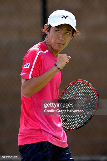 Yoshihito Nishioka of Japan reacts in his match against Liam Brody of Great Britain during the Winston-Salem Open at Wake Forest University on August...
