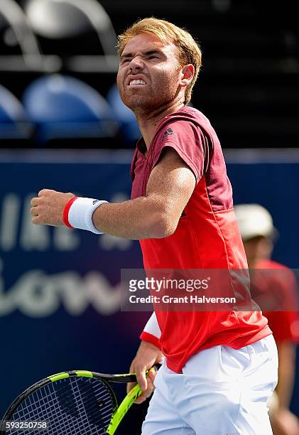 Bjorn Fratangelo of the United States reacts in his match against Evgeny Donskoy of Russia during the Winston-Salem Open at Wake Forest University on...