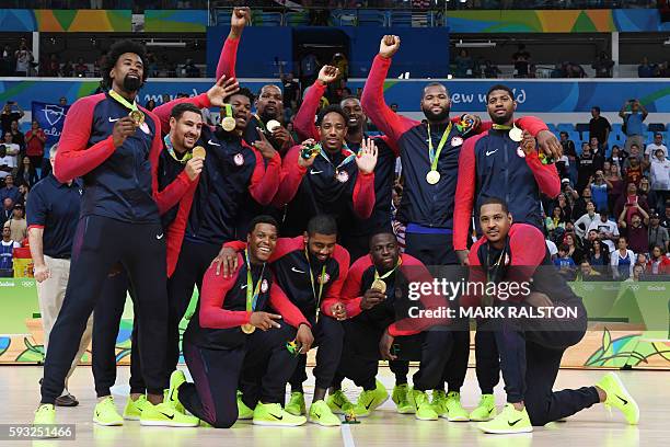 Gold medallists USA's forward Jimmy Butler, USA's guard Kevin Durant, USA's centre DeAndre Jordan, USA's guard Kyle Lowry, USA's forward Harrison...