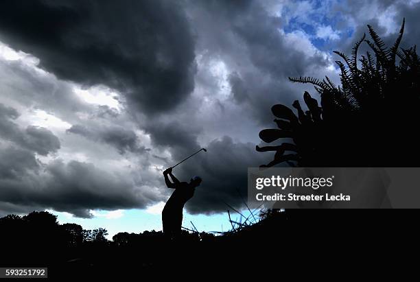 Si Woo Kim hits a tee shot on the 16th hole during the final round of the Wyndham Championship at Sedgefield Country Club on August 21, 2016 in...